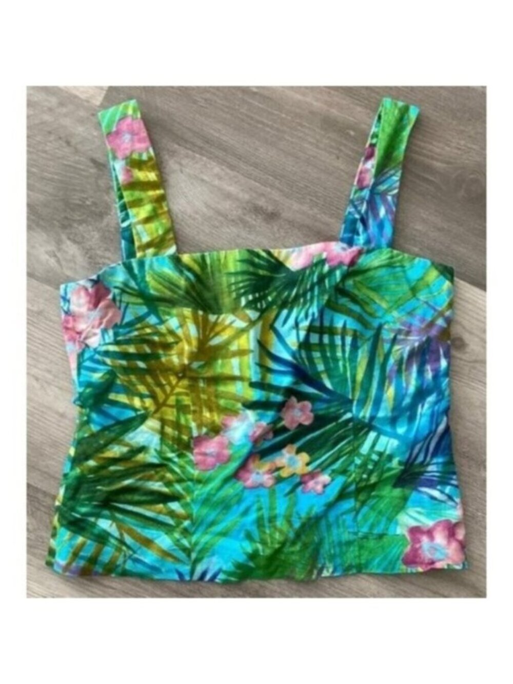 Maggy London Petites Linen Tank Cami Top Green Blue Tropical Palm Print 4 Petite